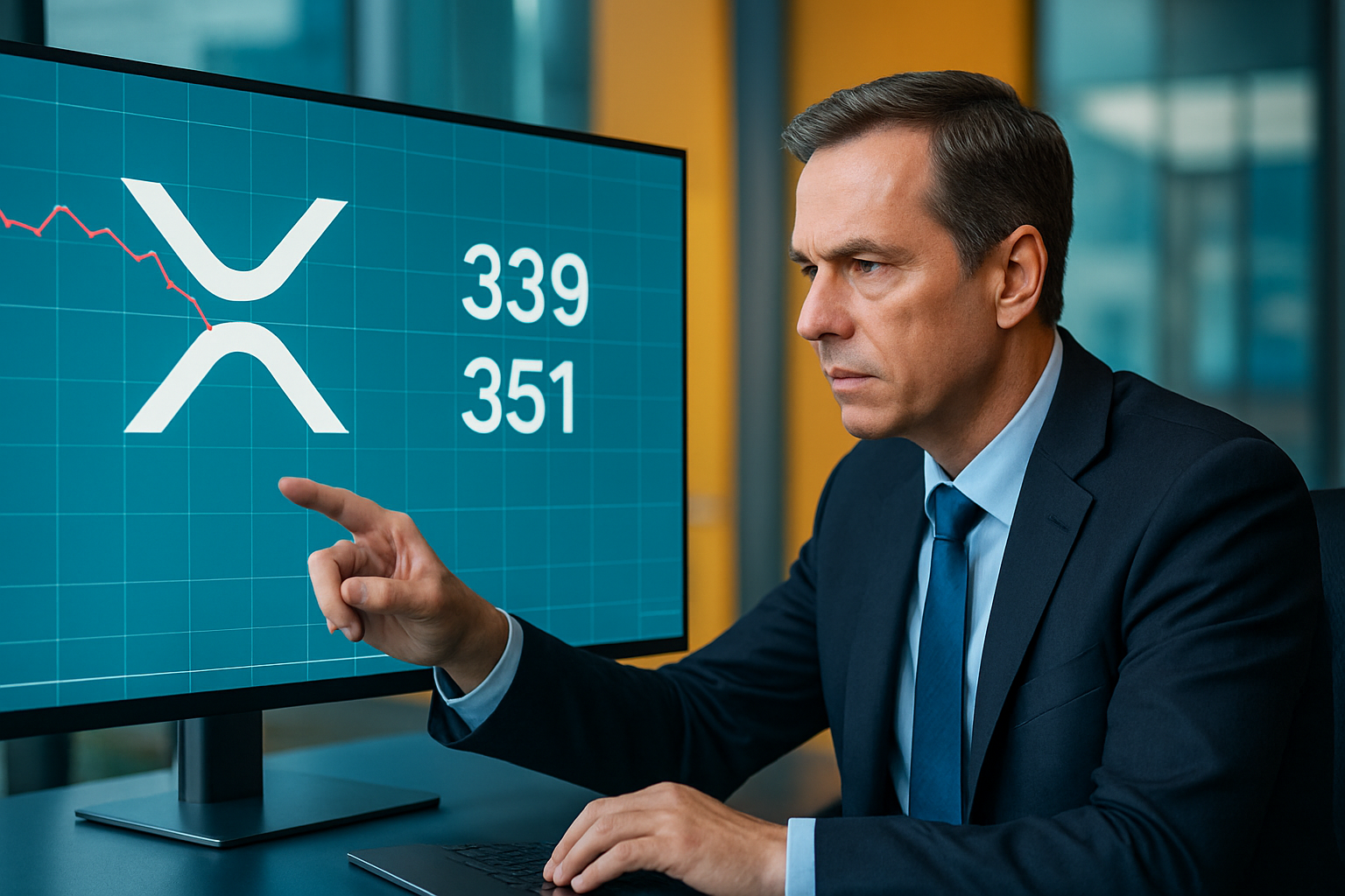 Realistisch redactioneel AI-beeld bij XRP-nieuws: Drie bronnen melden daling van grote XRP-wallets van 351 naar 339