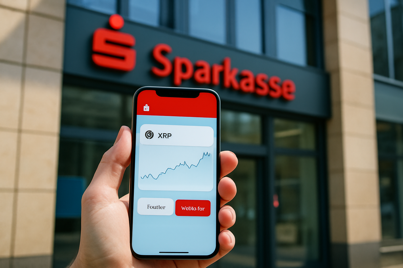 Realistisch redactioneel AI-beeld bij XRP-nieuws: Duitse Sparkassen-app biedt cryptohandel met XRP