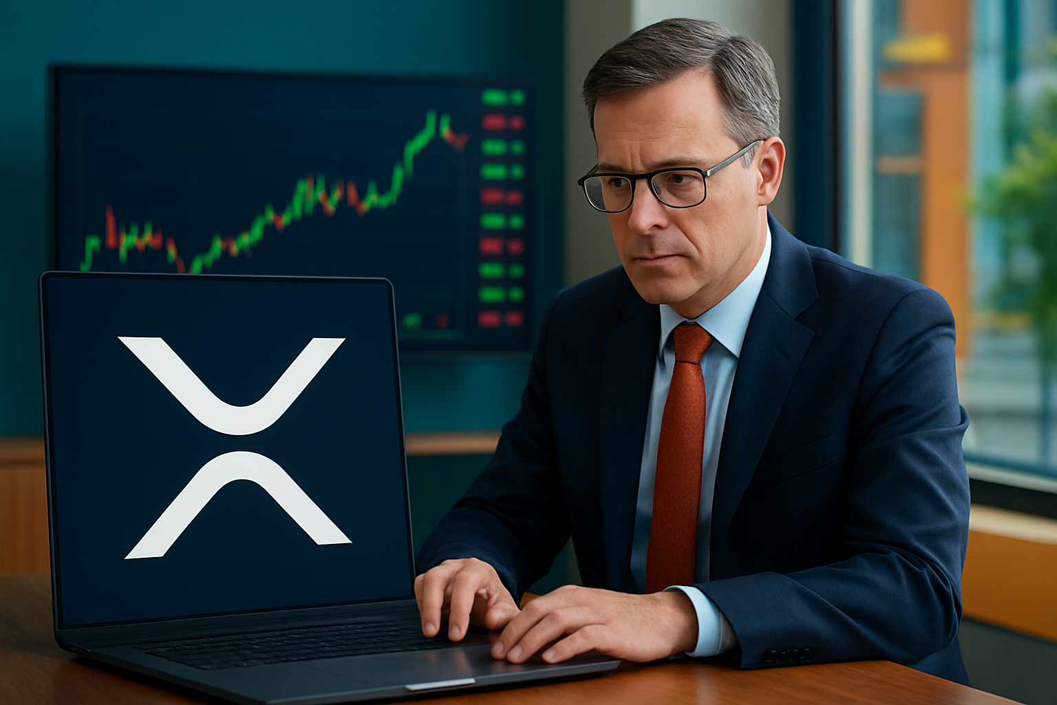 Realistisch redactioneel AI-beeld bij XRP-nieuws: Grayscale laat grote partijen XRP direct gebruiken bij GXRP ETF