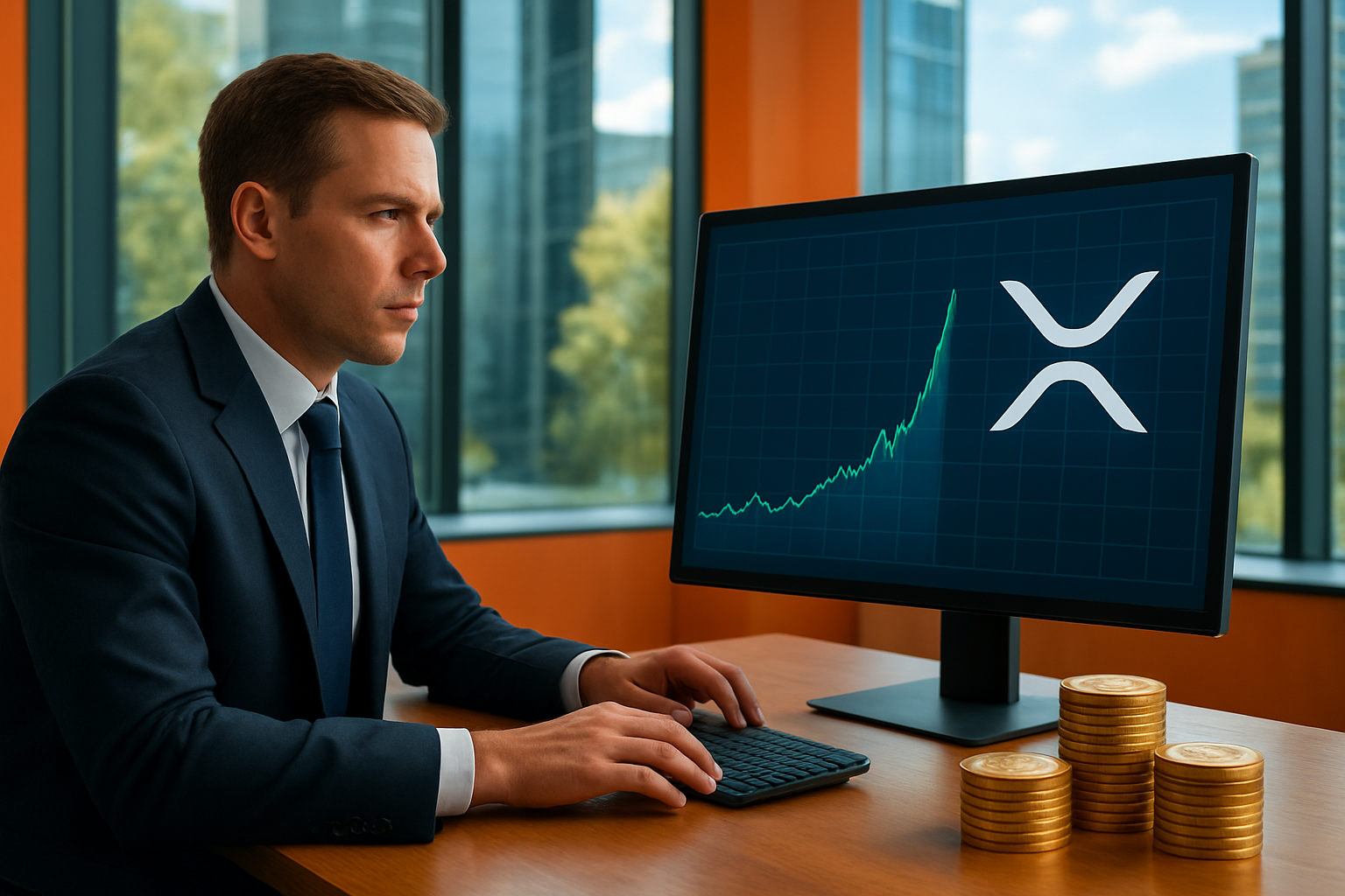 Realistisch redactioneel AI-beeld bij XRP-nieuws: Grote XRP-opnames bij vier cryptobeurzen gemeld