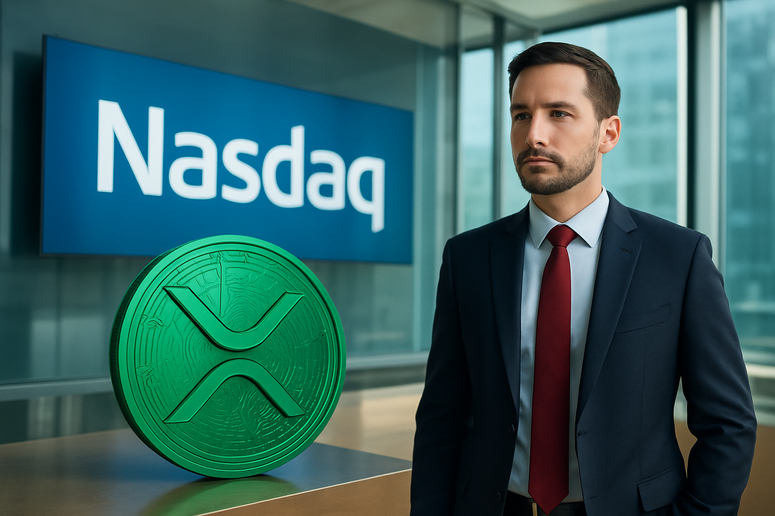 Realistisch redactioneel AI-beeld bij XRP-nieuws: Nasdaq meldt goedkeuring van Evernorth-businesscombinatie met verwachte 473 miljoen XRP bij closing