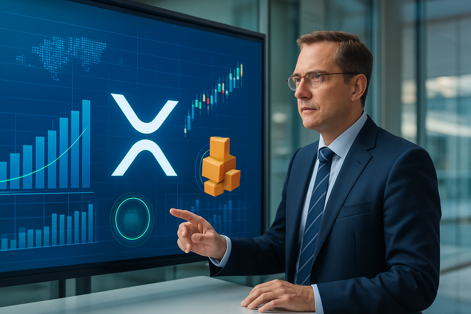 Realistisch redactioneel AI-beeld bij XRP Ledger-nieuws: Ripple en BNY breiden samenwerking uit met custody voor XRP en RLUSD