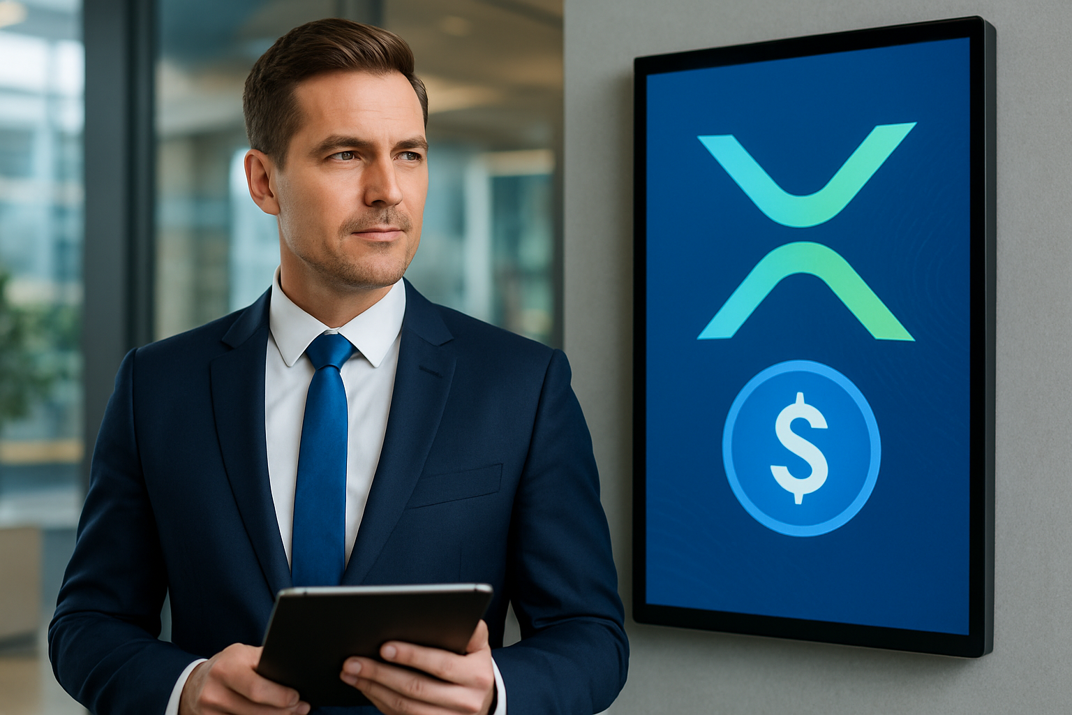 Realistisch redactioneel AI-beeld bij Ripple-nieuws: Ripple en DriveWealth willen RLUSD inzetten via XRP Ledger