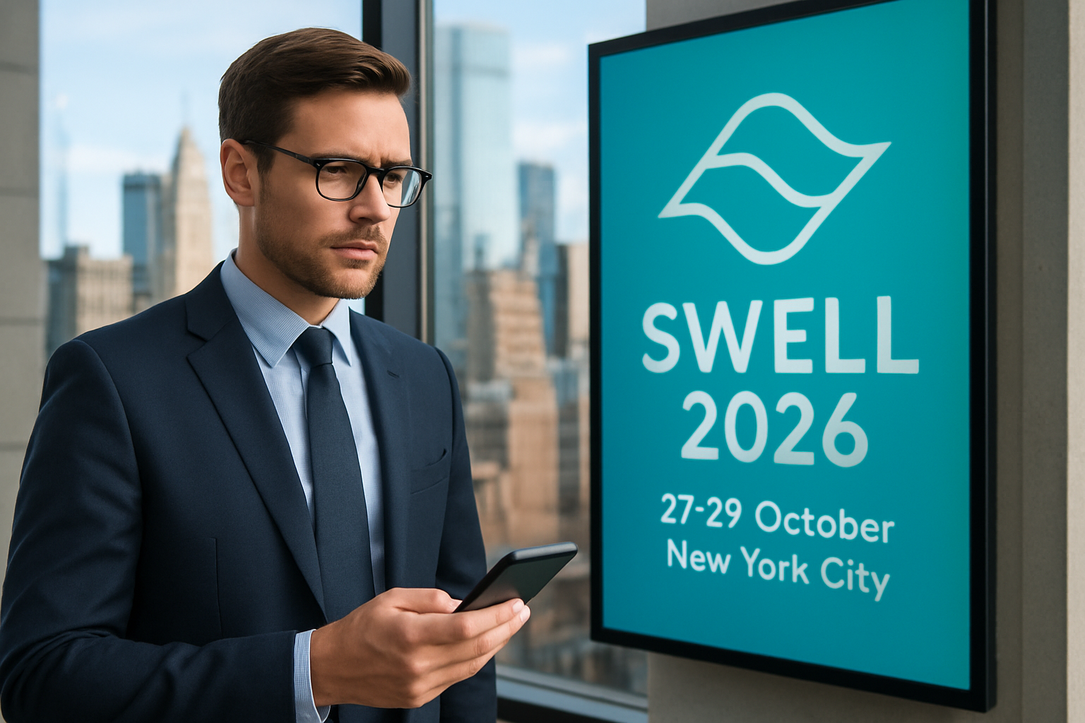 Realistisch redactioneel AI-beeld bij Ripple-nieuws: Ripple zet Swell 2026 op 27–29 oktober in New York City