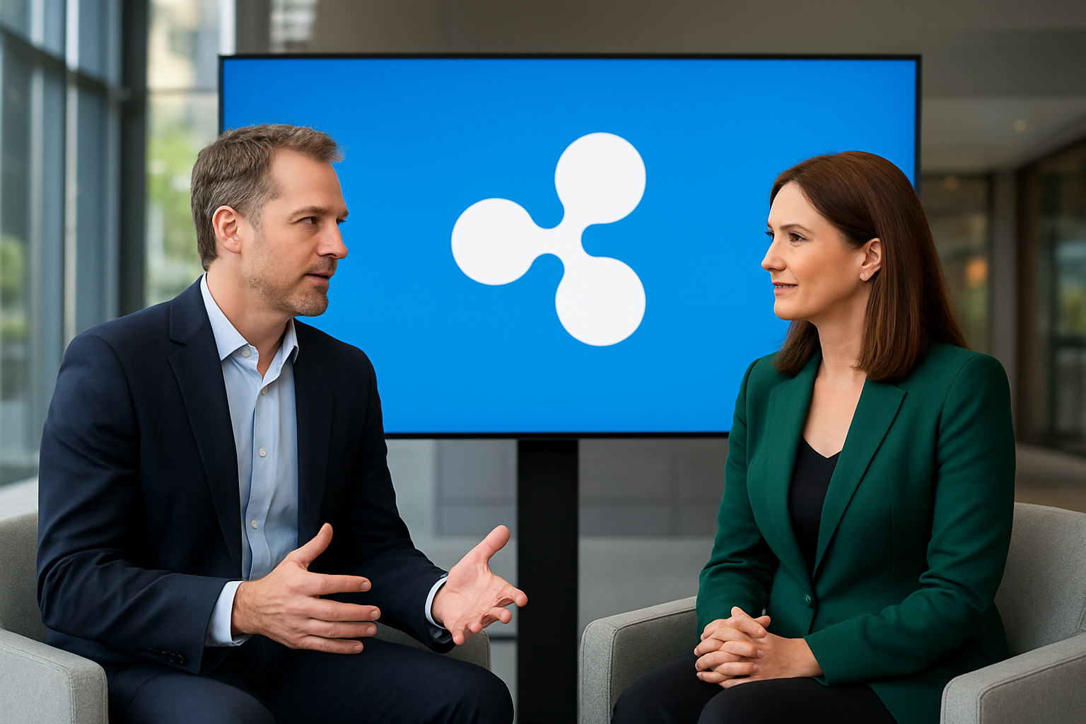 Realistisch redactioneel AI-beeld bij Ripple-nieuws: Scott Bessent staat op Ripple’s Swell 2026-line-up