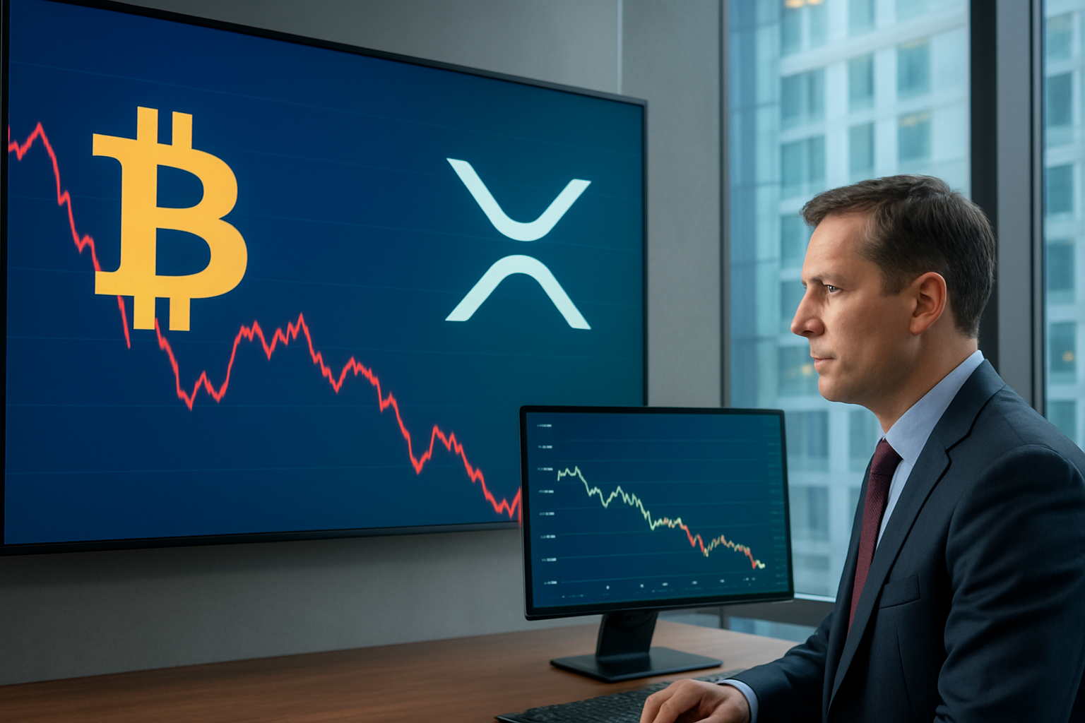 Realistisch redactioneel AI-beeld bij XRP-nieuws: The Block en CoinDesk melden gelijktijdige daling van bitcoin en XRP