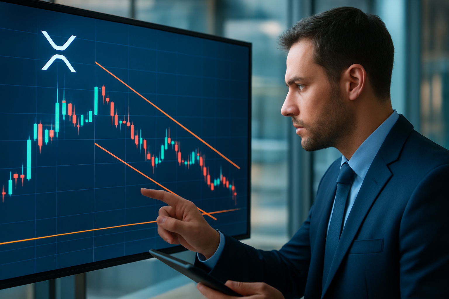 Realistisch redactioneel AI-beeld bij XRP-nieuws: XRP bleef op 10 juni en 21 juli 2026 binnen een descending channel handelen