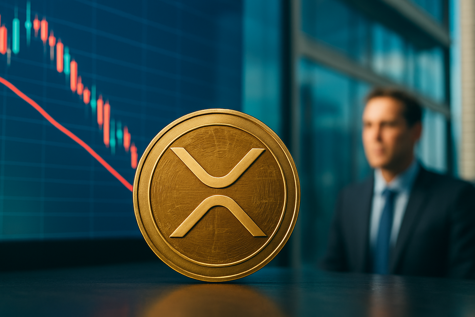 Realistisch redactioneel AI-beeld bij XRP-nieuws: XRP blijft rond steunzone na afwijzing bij $1,52