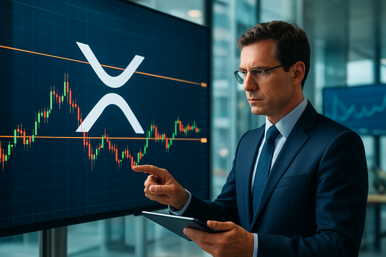 Realistisch redactioneel AI-beeld bij XRP-nieuws: XRP blijft volgens analist gevangen tussen twee koerszones