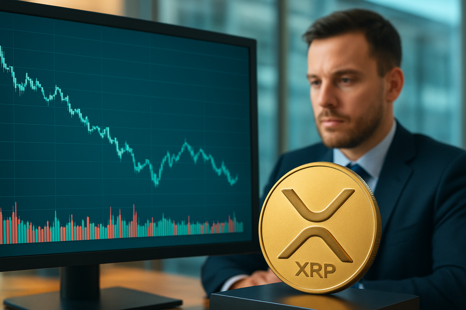 Realistisch redactioneel AI-beeld bij XRP-nieuws: XRP daalt licht terwijl altcoin-stortingen toenemen