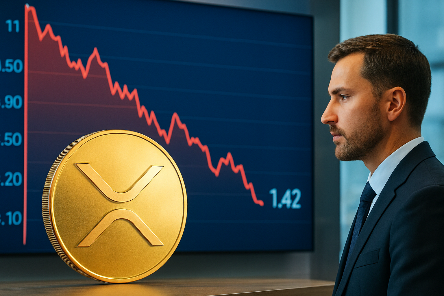 Realistisch redactioneel AI-beeld bij XRP-nieuws: XRP daalt ruim 5 procent tijdens brede verkoopgolf