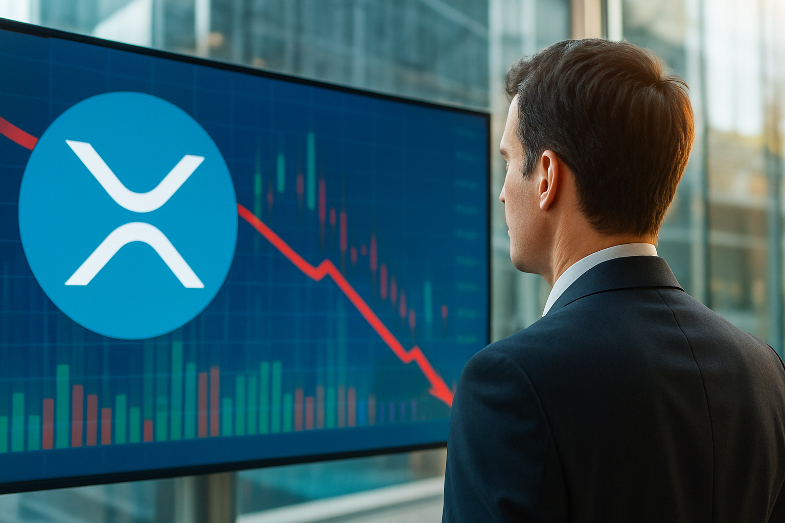 Realistisch redactioneel AI-beeld bij XRP-nieuws: XRP-derivaten tonen kwetsbare longposities boven $1,31