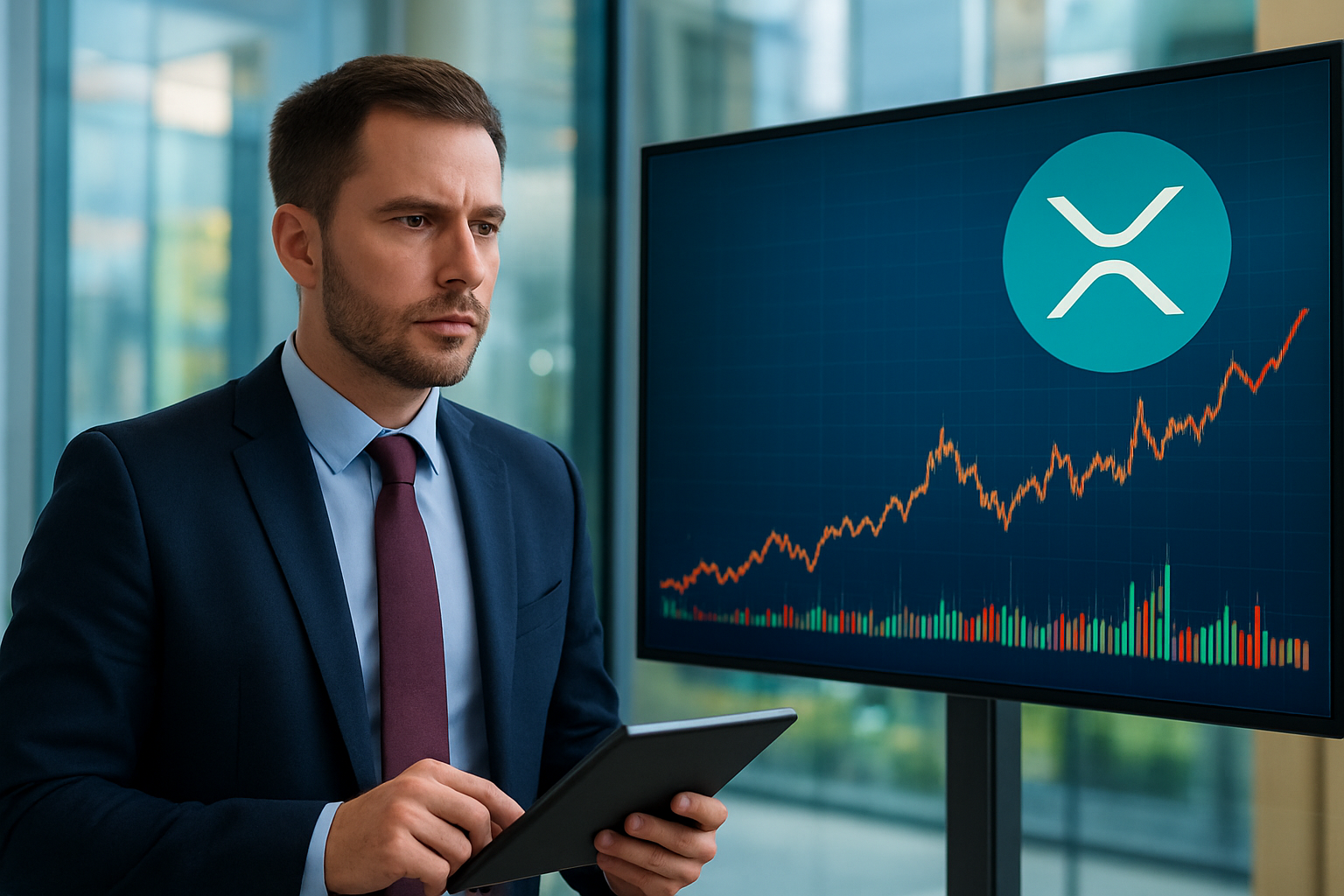 Realistisch redactioneel AI-beeld bij XRP-nieuws: XRP-ETF’s starten oktober met kleine netto-instroom