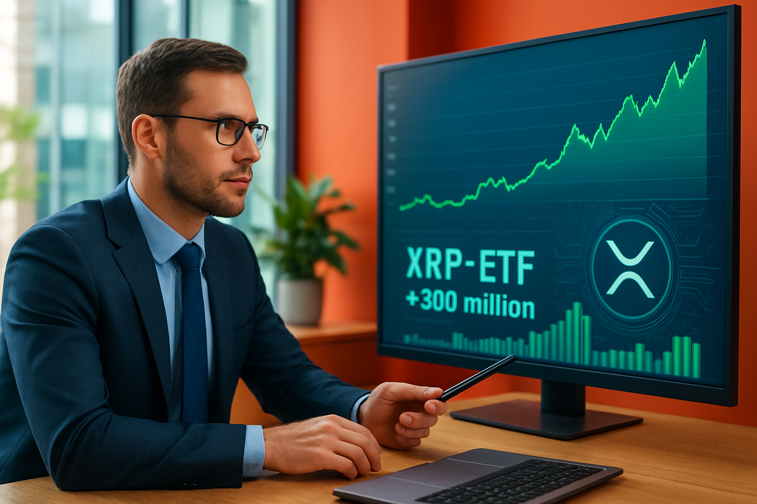 Realistisch redactioneel AI-beeld bij XRP-nieuws: XRP-ETF’s zagen volgens marktdata ruim $300 miljoen instroom