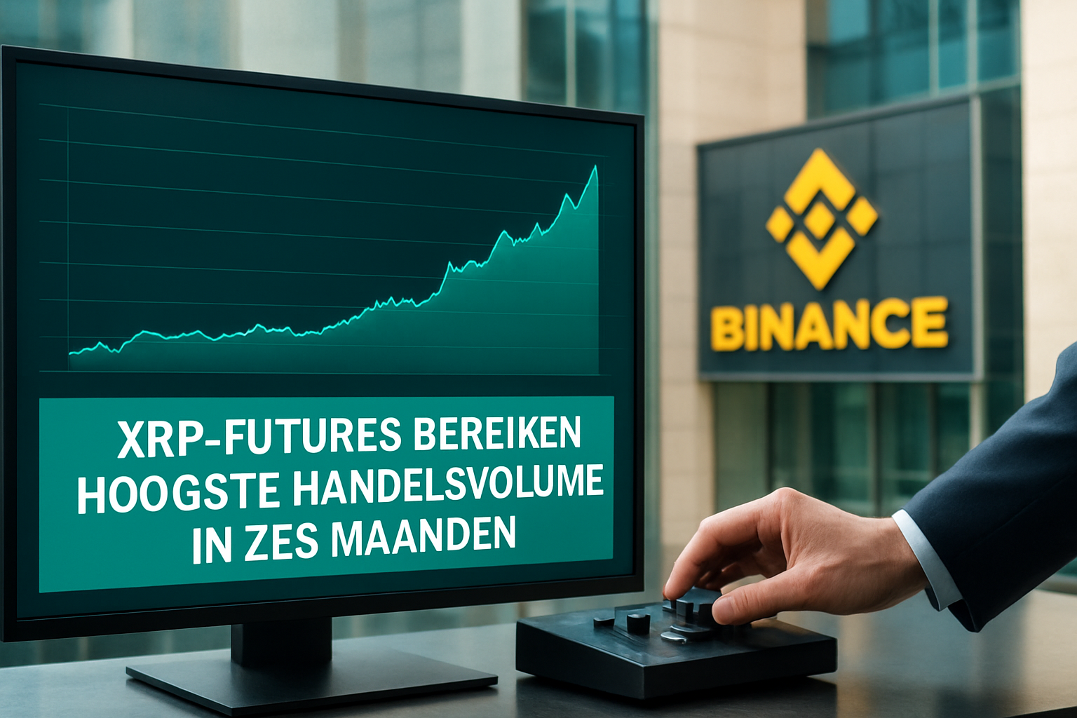 Realistisch redactioneel AI-beeld bij XRP-nieuws: XRP-futures bereiken hoogste handelsvolume in zes maanden