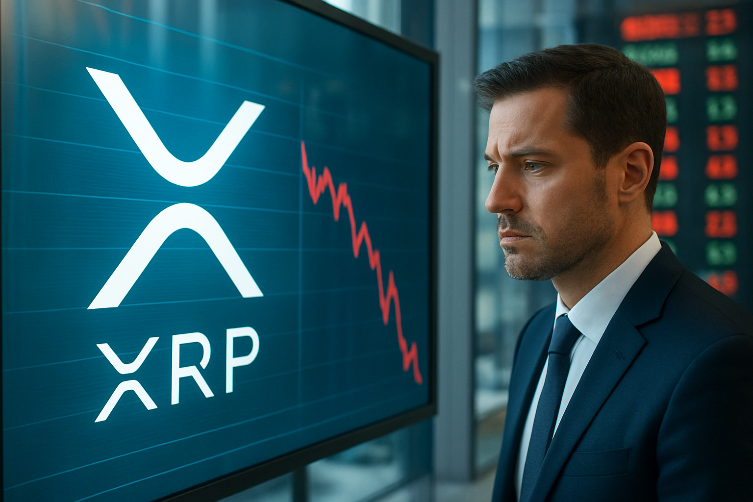 Realistisch redactioneel AI-beeld bij XRP-nieuws: XRP geraakt door verkoopgolf met $1,5 miljard aan liquidaties