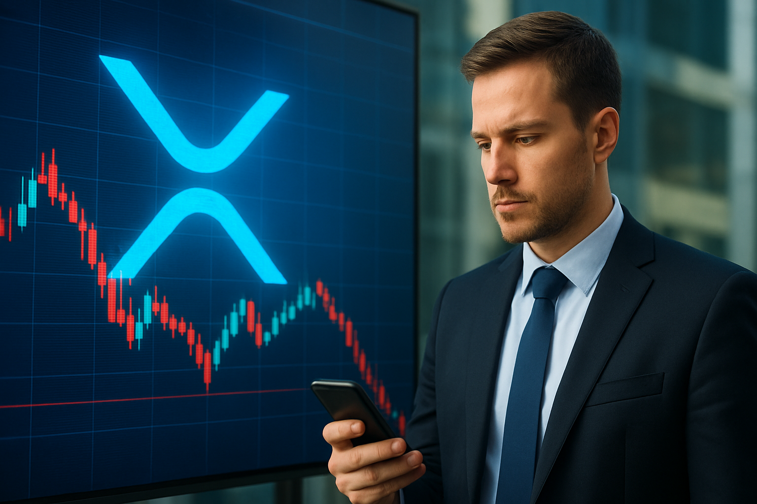 Realistisch redactioneel AI-beeld bij XRP-nieuws: XRP-koers blijft onder belangrijke weerstand richting $2