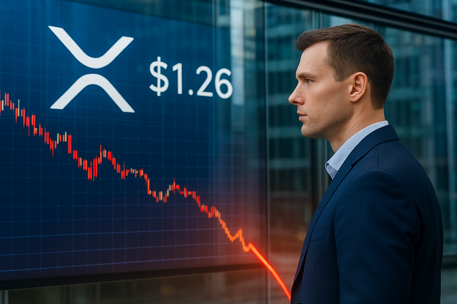 Realistisch redactioneel AI-beeld bij XRP-nieuws: XRP noteert op $1.26, met $1.11 en $1 in beeld bij verlies van die steun