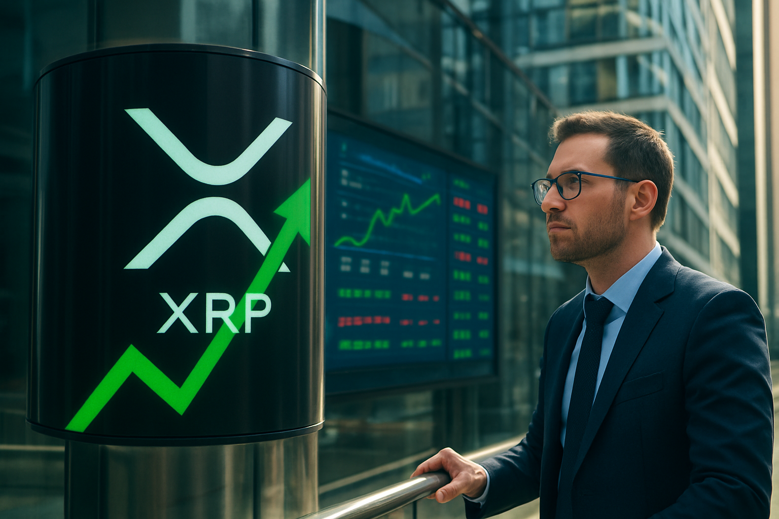 Realistisch redactioneel AI-beeld bij XRP-nieuws: XRP sluit derde kwartaal voor het eerst met drie groene maanden