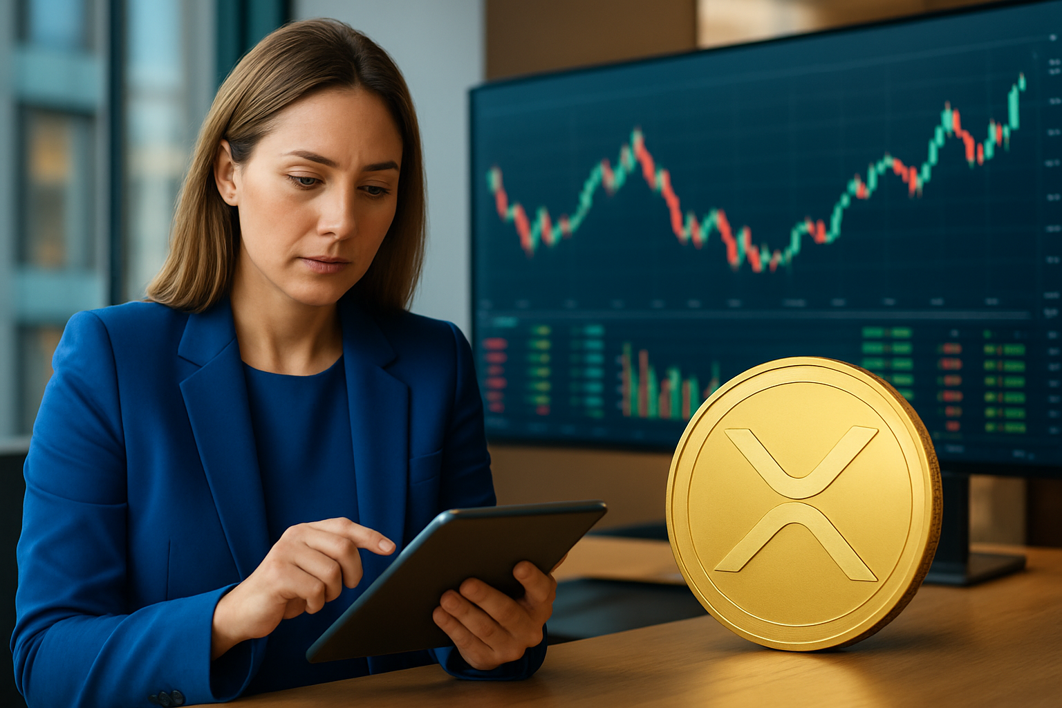 Realistisch redactioneel AI-beeld bij XRP-nieuws: XRP spot-ETF’s draaien in week van 6–10 juli 2026 naar netto-uitstroom