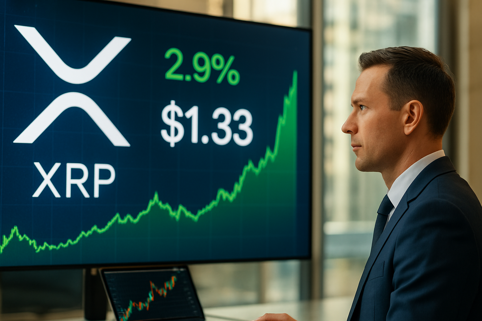 Realistisch redactioneel AI-beeld bij XRP-nieuws: XRP stijgt bijna 3% naar $1,33, Bitcoin en Zcash ook hoger
