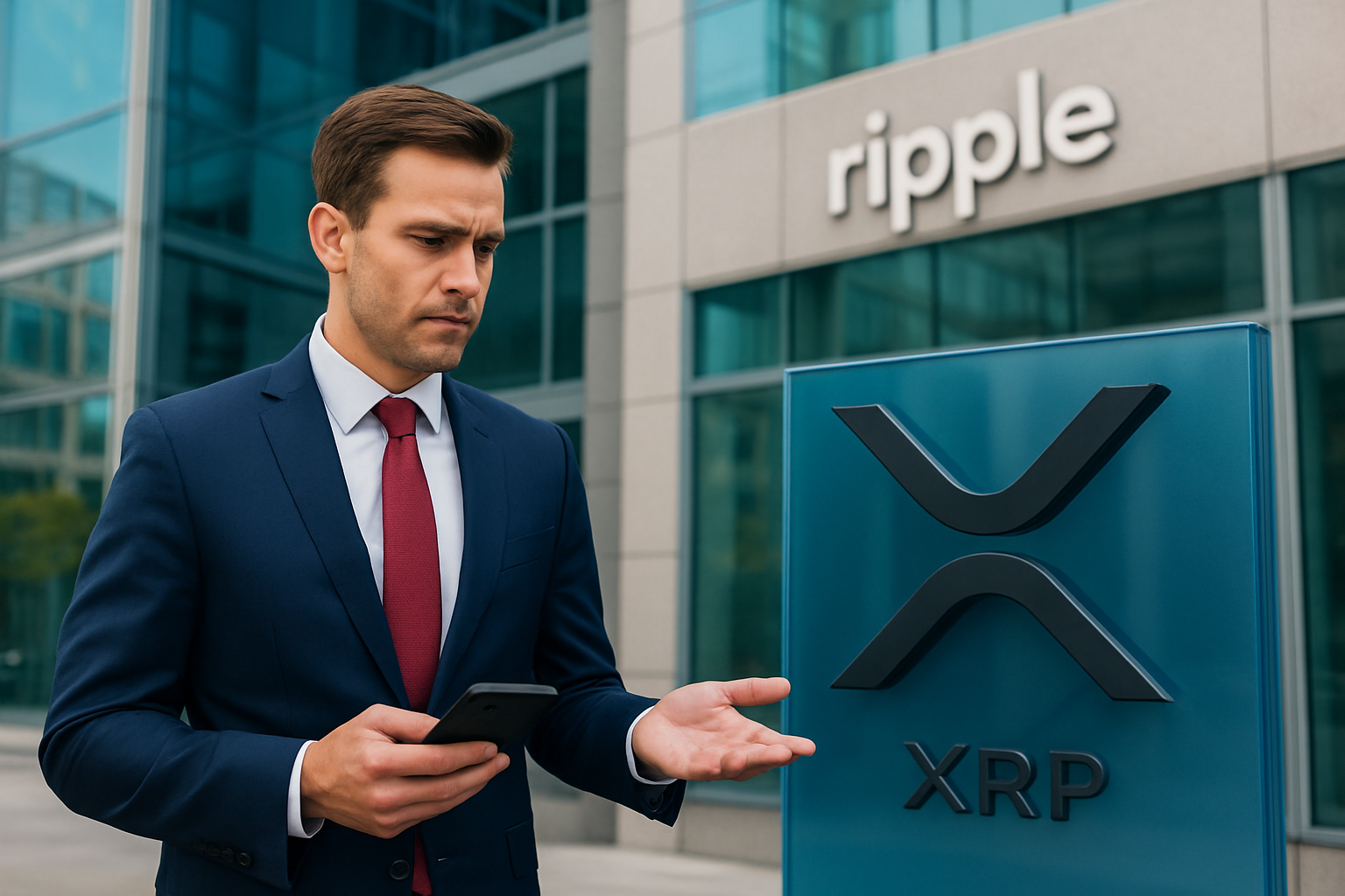 Realistisch redactioneel AI-beeld bij Ripple-nieuws: XRP stijgt niet mee na bericht over Ripple-trustbank