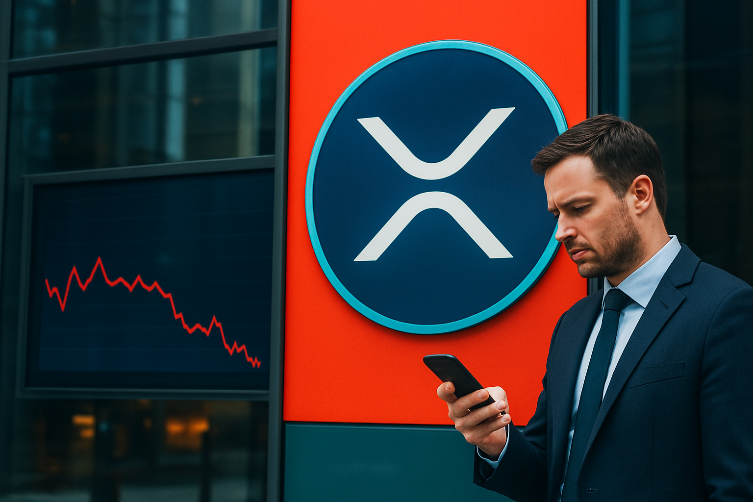 Realistisch redactioneel AI-beeld bij XRP-nieuws: XRP verliest ongeveer 7 procent in brede cryptodaling