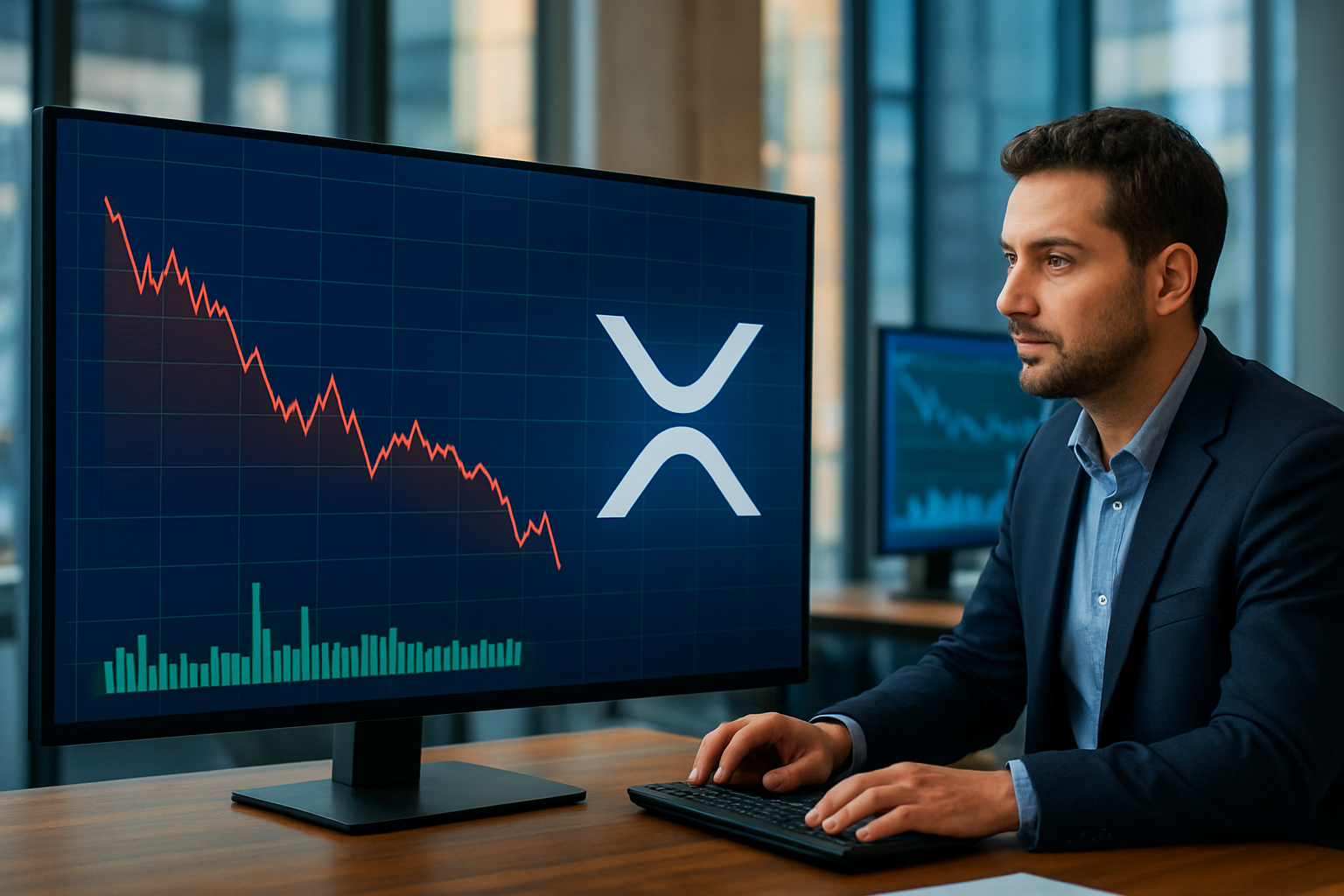 Realistisch redactioneel AI-beeld bij XRP-nieuws: XRP ziet bijna $2 miljard aan verkoopdruk in marktdata