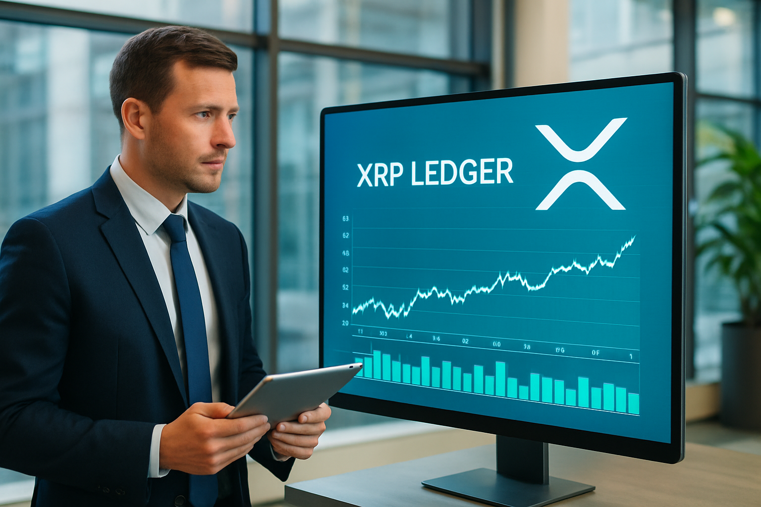 Realistisch redactioneel AI-beeld bij XRP Ledger-nieuws: XRPL.org beschrijft XRP Ledger als geschikt voor onchain 24/7 order books